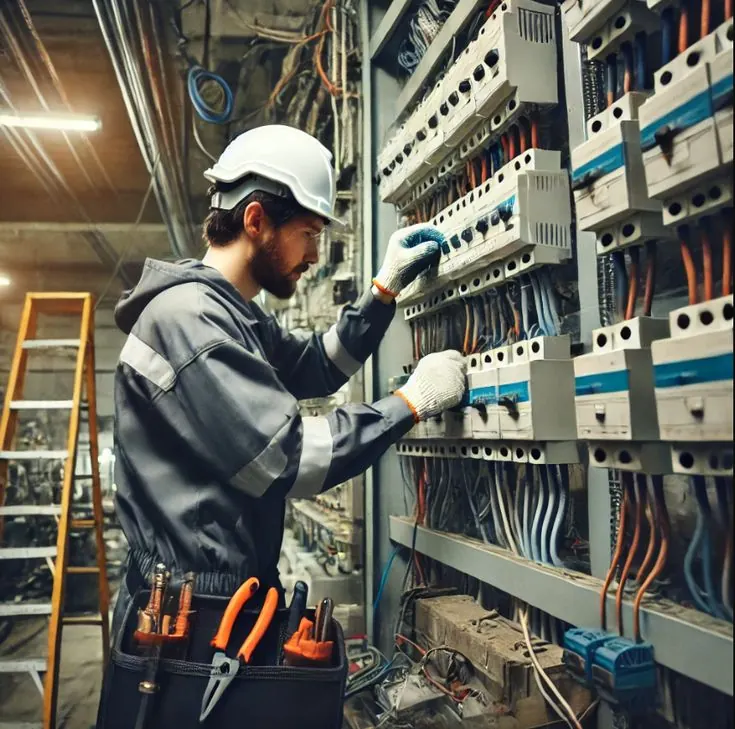 Elektrikçinin sigorta panosunda arıza tespiti ve onarım yaparken çekilmiş fotoğrafı